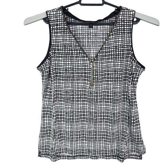 Women's Black & White Worthington Sleeveless V-Neck Top Zip-Front Size L - Picture 1 of 12